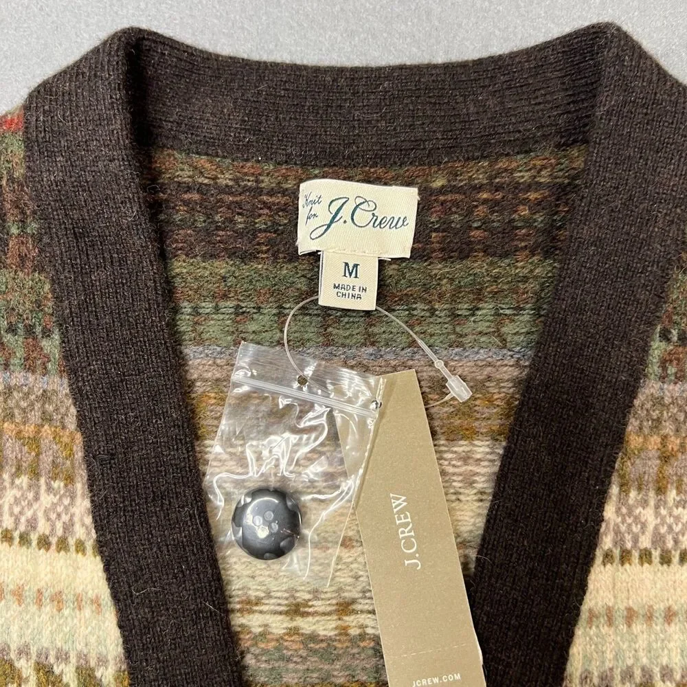 J.Crew Cardigan Sweater Men Medium Brown Ivory Fair Isle Wool Blend Button Front